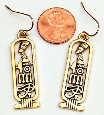 Gold Tone Egyptian Cartouche Charm Earrings, Nefertiti Eye of Horus Hieroglyphs, Jewelry Gift for Women - image3